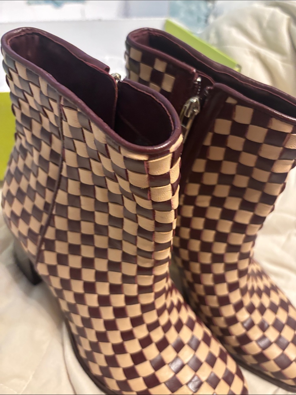 Antonio Melani Leather Woven Checkered Ankle Boots - Cream and Brown Fabulous 9